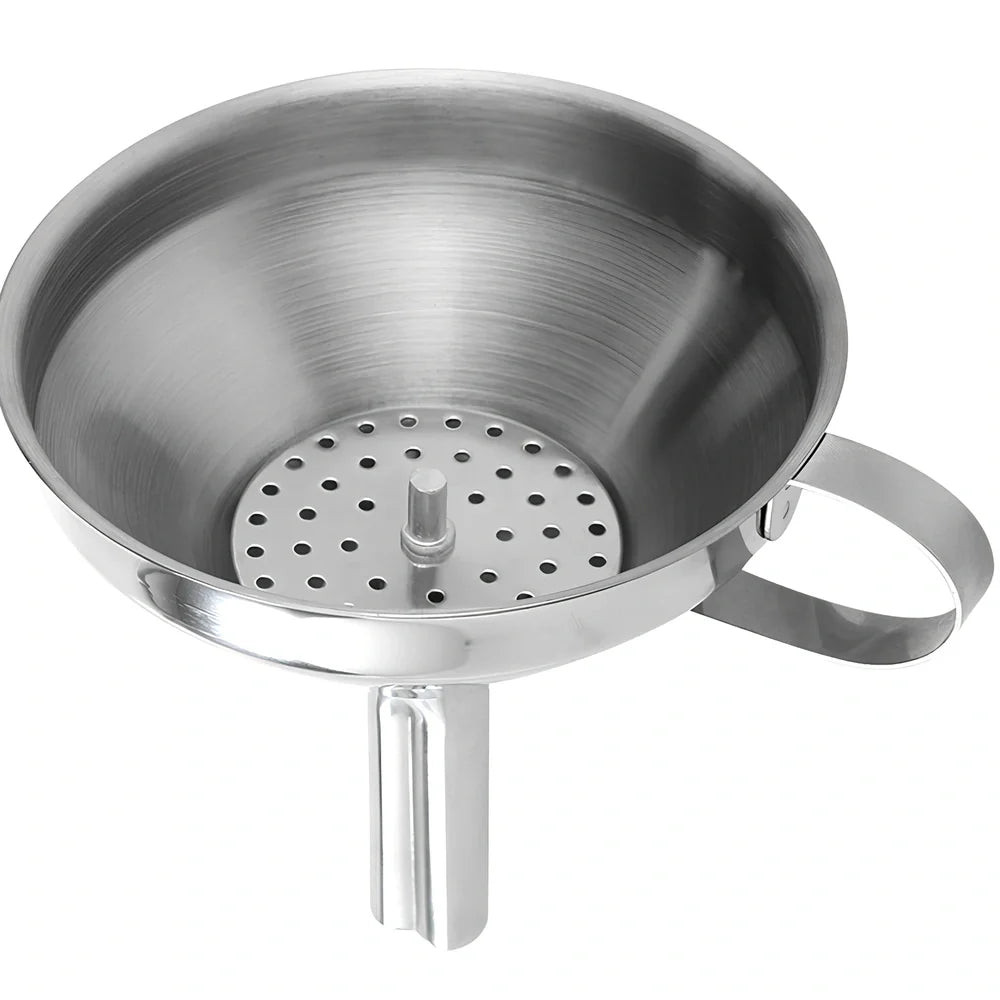 Small stainless steel funnel with 1.6cm thick tube and filter sieve for kitchen liquid transfer