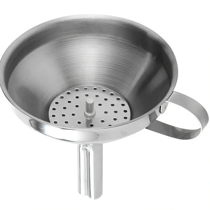 Small stainless steel funnel with 1.6cm thick tube and filter sieve for kitchen liquid transfer