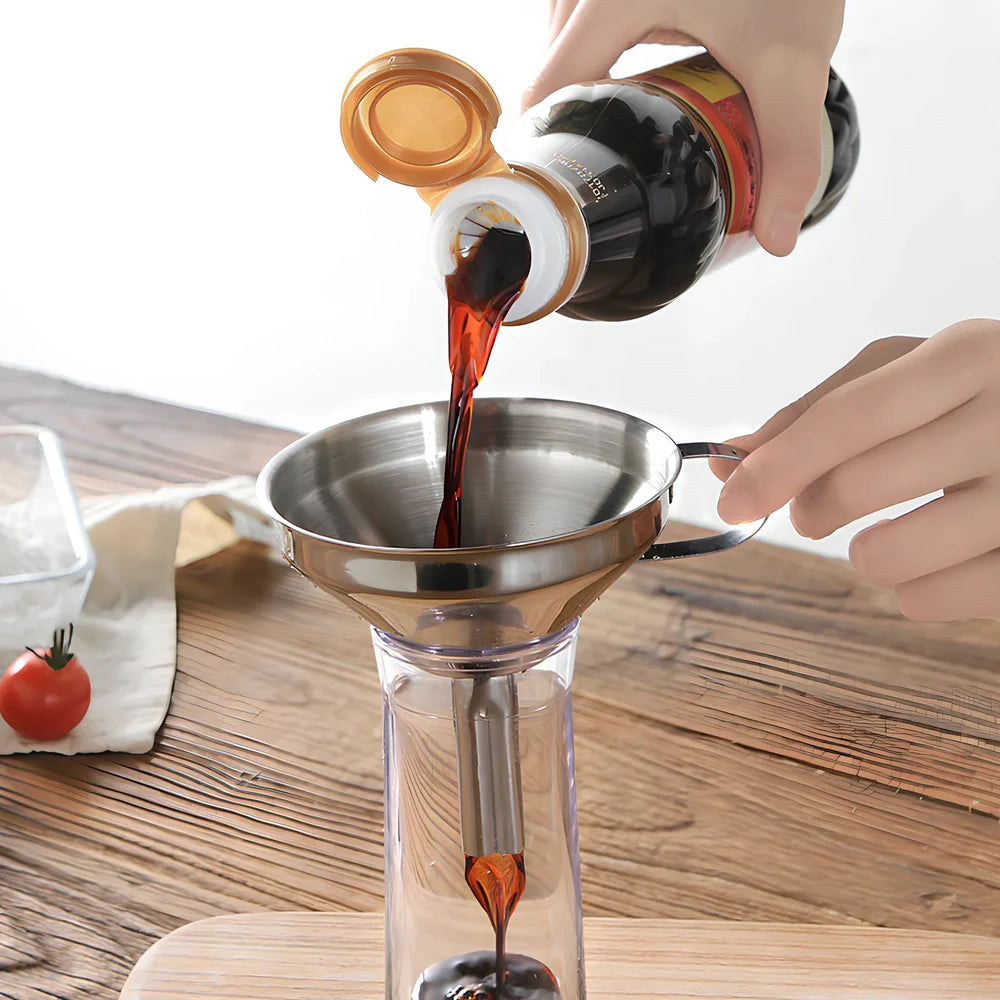 Small stainless steel funnel with 1.6cm thick tube and filter sieve for kitchen liquid transfer