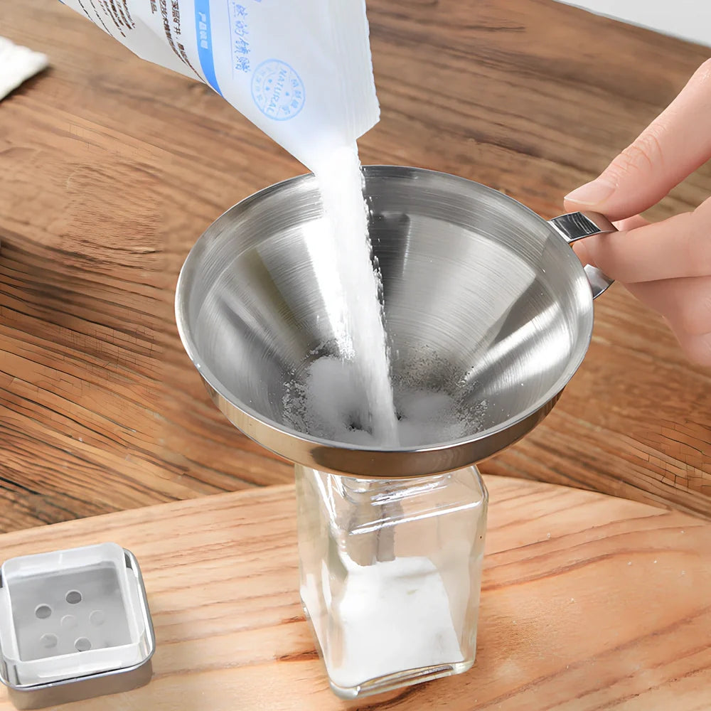 Small stainless steel funnel with 1.6cm thick tube and filter sieve for kitchen liquid transfer