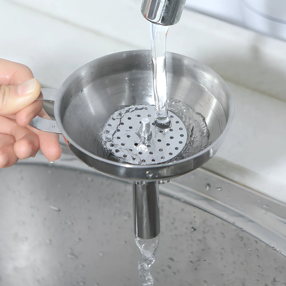 Small stainless steel funnel with 1.6cm thick tube and filter sieve for kitchen liquid transfer