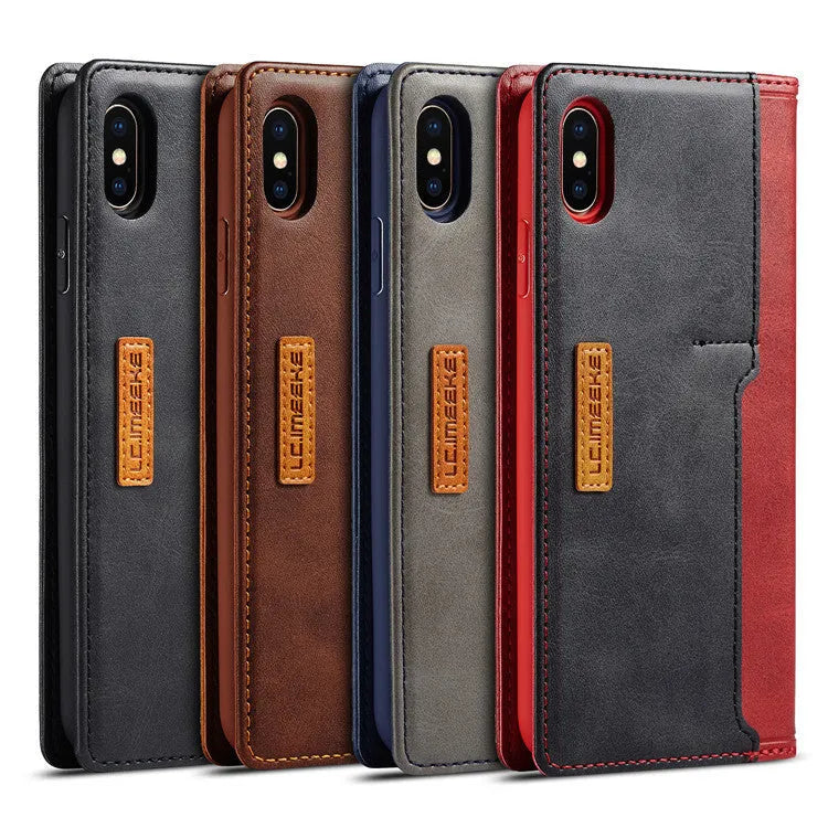 Leather wallet case for iPhone showing flip cover design with card storage slots and magnetic closure