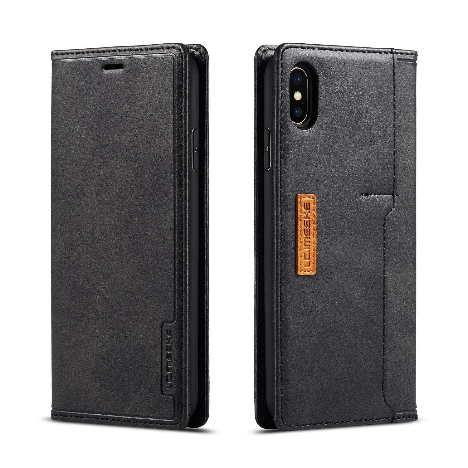 Leather wallet case for iPhone showing flip cover design with card storage slots and magnetic closure
