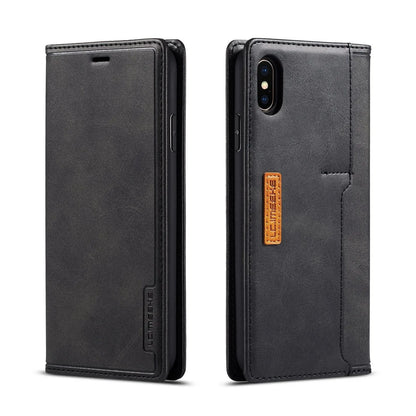 Leather wallet case for iPhone showing flip cover design with card storage slots and magnetic closure