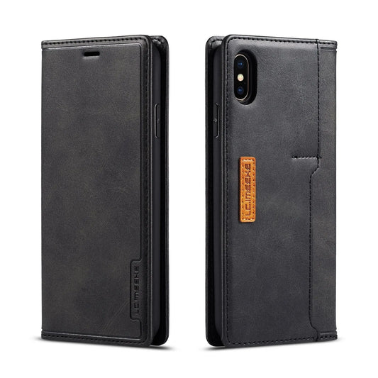 Leather wallet case for iPhone showing flip cover design with card storage slots and magnetic closure