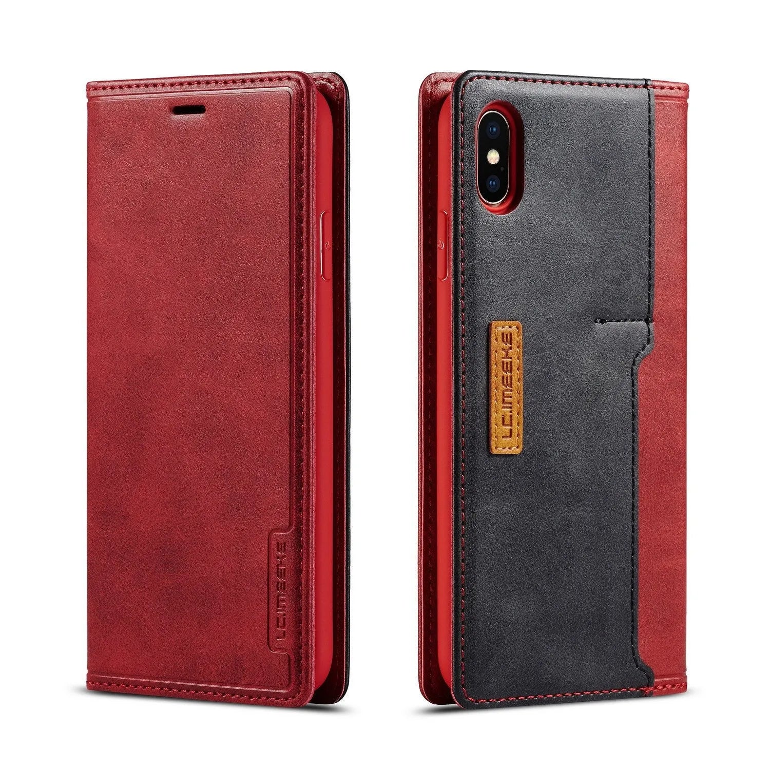 Leather wallet case for iPhone showing flip cover design with card storage slots and magnetic closure