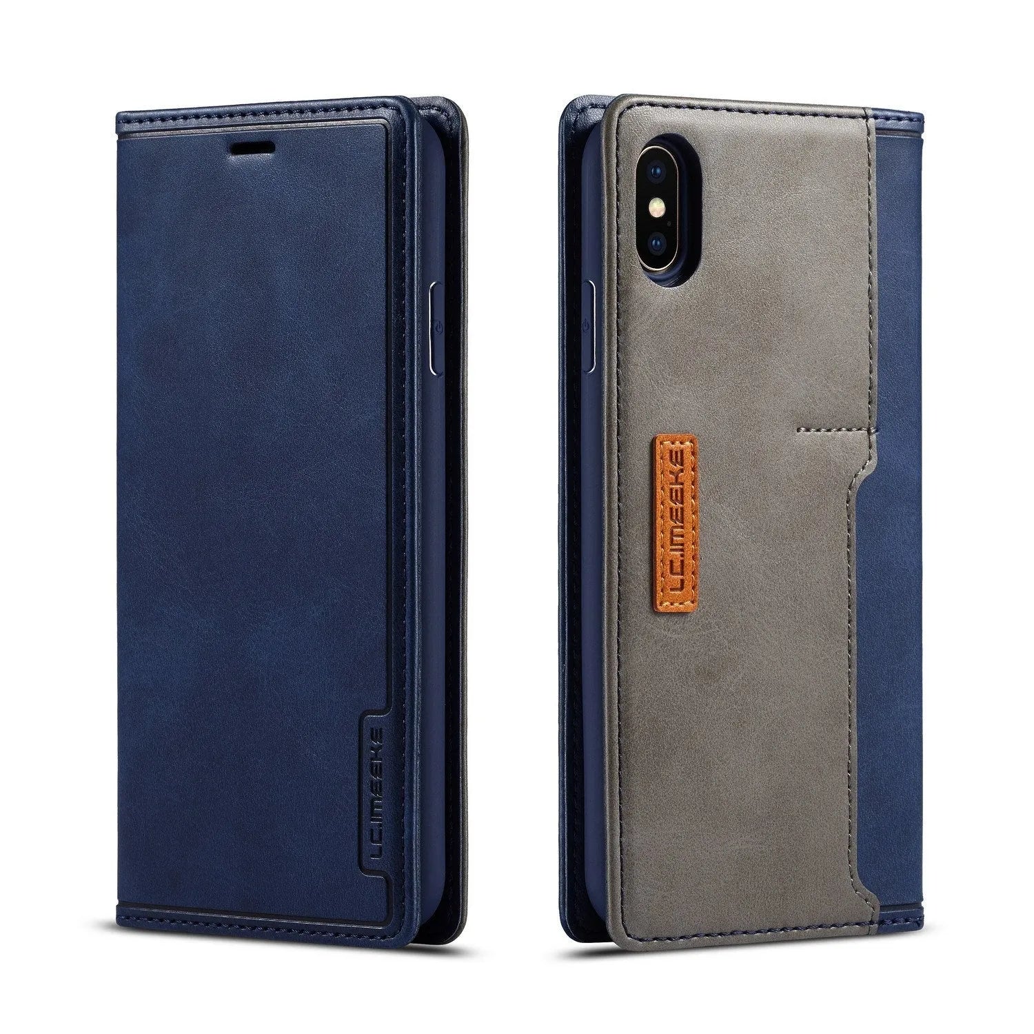 Leather wallet case for iPhone showing flip cover design with card storage slots and magnetic closure