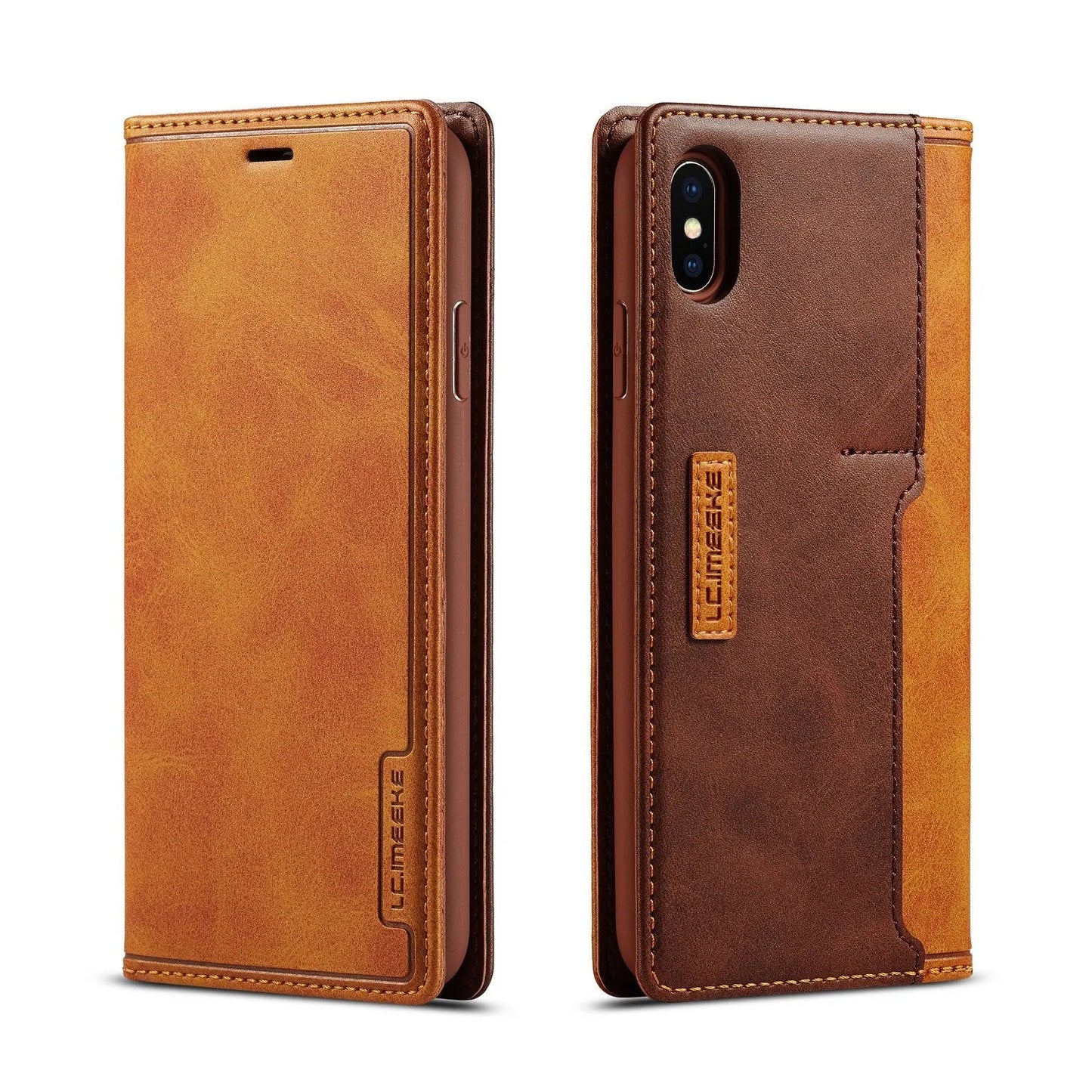 Leather wallet case for iPhone showing flip cover design with card storage slots and magnetic closure