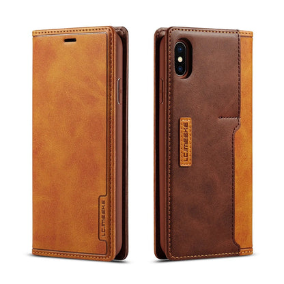 Leather wallet case for iPhone showing flip cover design with card storage slots and magnetic closure