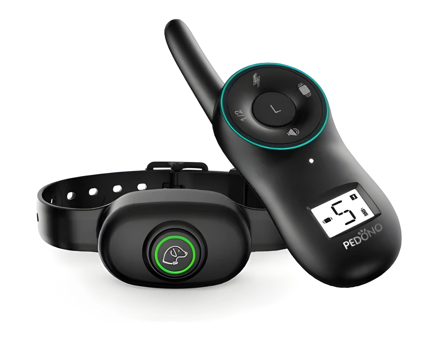 Black waterproof dog training collar with remote control showing adjustable intensity levels and anti-bark mode