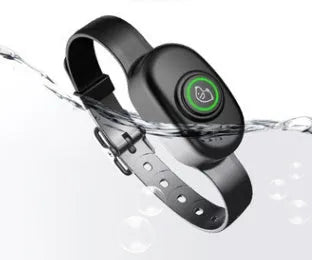 Black waterproof dog training collar with remote control showing adjustable intensity levels and anti-bark mode