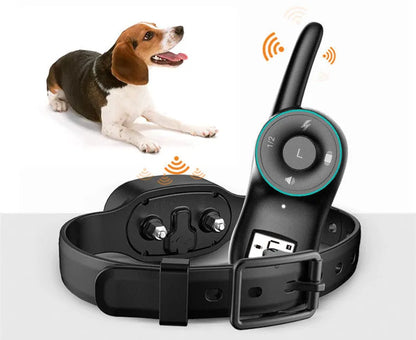 Black waterproof dog training collar with remote control showing adjustable intensity levels and anti-bark mode