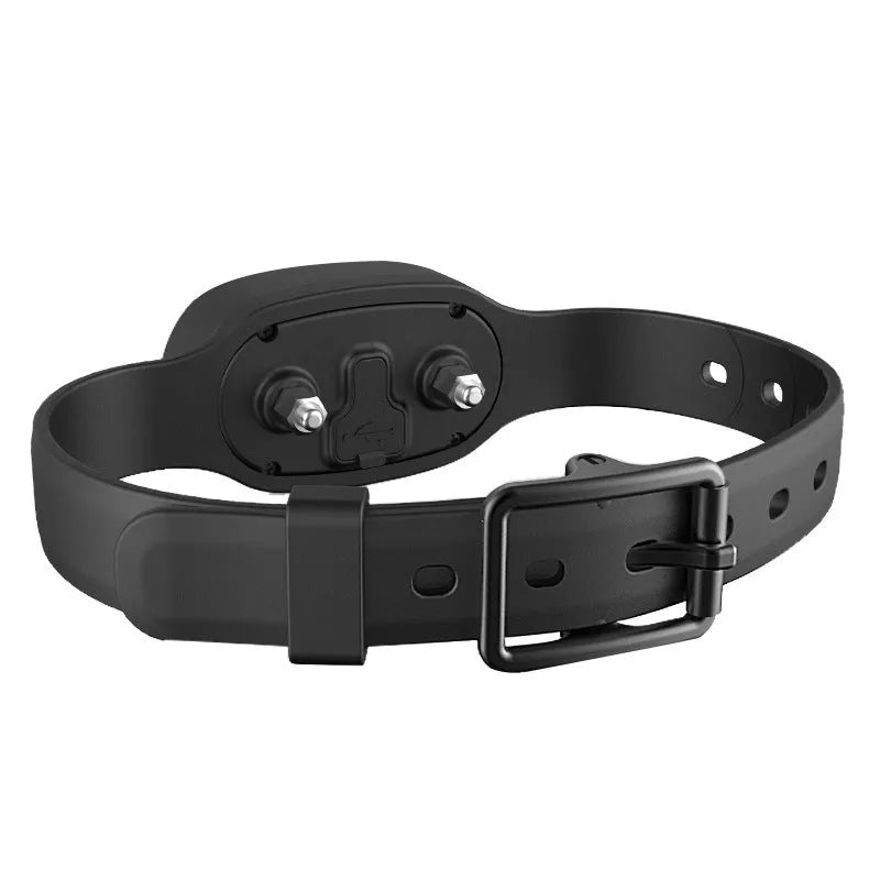 Black waterproof dog training collar with remote control showing adjustable intensity levels and anti-bark mode