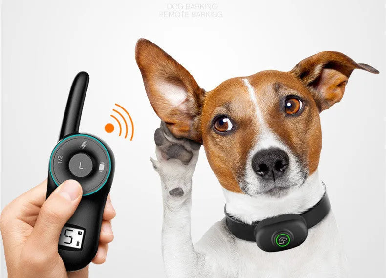 Black waterproof dog training collar with remote control showing adjustable intensity levels and anti-bark mode