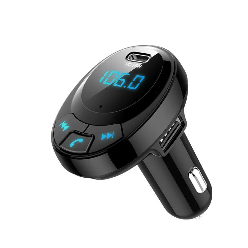 Black Bluetooth car MP3 charger with digital display and dual USB ports for mobile phone charging