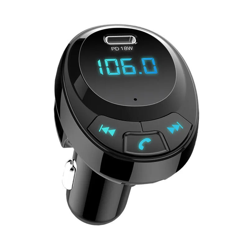 Black Bluetooth car MP3 charger with digital display and dual USB ports for mobile phone charging