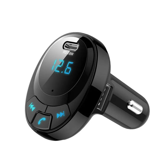 Black Bluetooth car MP3 charger with digital display and dual USB ports for mobile phone charging