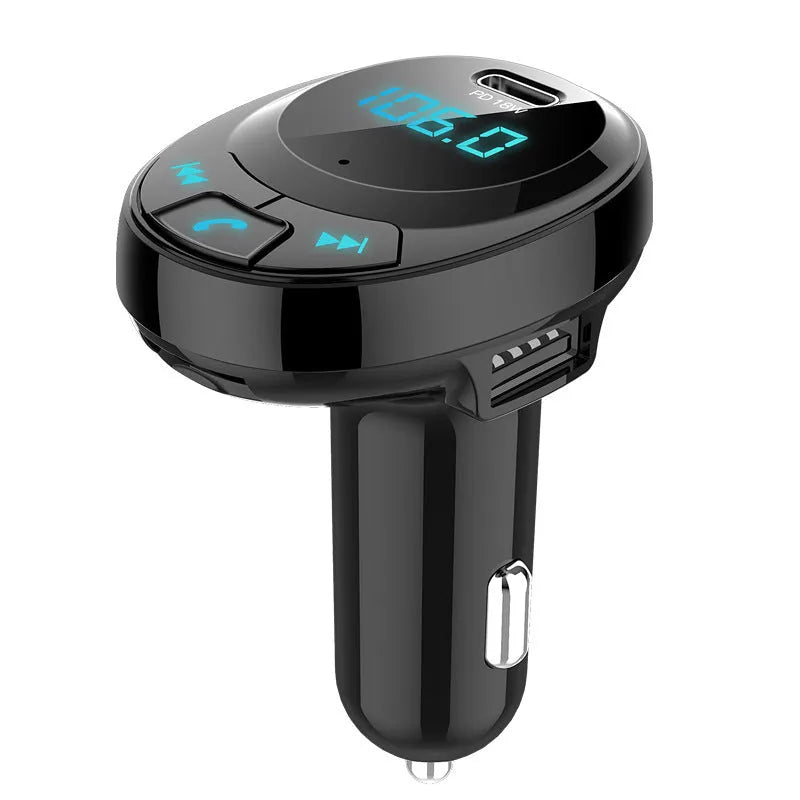 Black Bluetooth car MP3 charger with digital display and dual USB ports for mobile phone charging