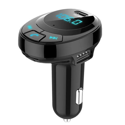 Black Bluetooth car MP3 charger with digital display and dual USB ports for mobile phone charging