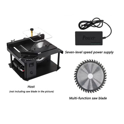 Black miniature precision table saw with 110mm blade on sliding table for woodworking