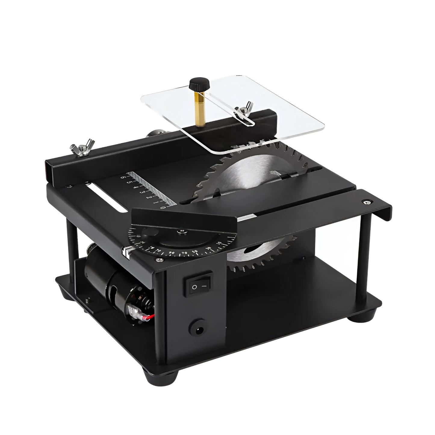 Black miniature precision table saw with 110mm blade on sliding table for woodworking