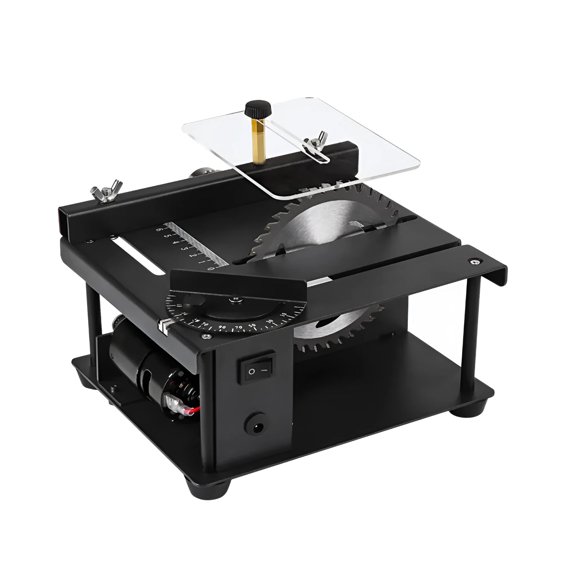 Black miniature precision table saw with 110mm blade on sliding table for woodworking
