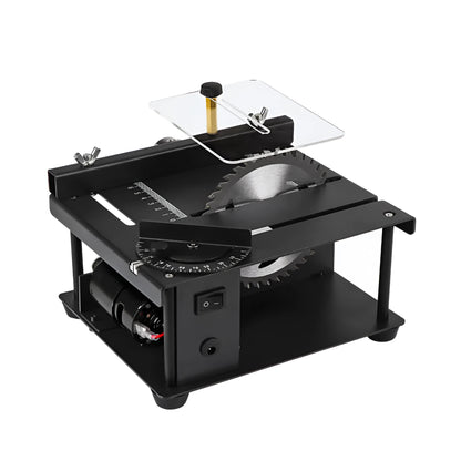 Black miniature precision table saw with 110mm blade on sliding table for woodworking