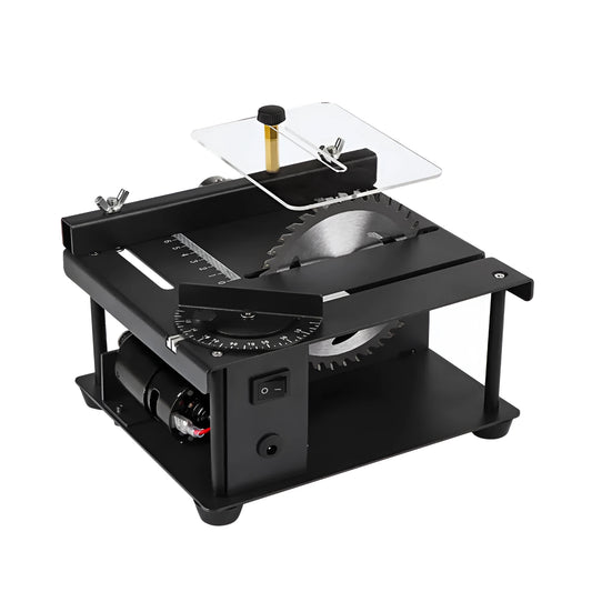 Black miniature precision table saw with 110mm blade on sliding table for woodworking