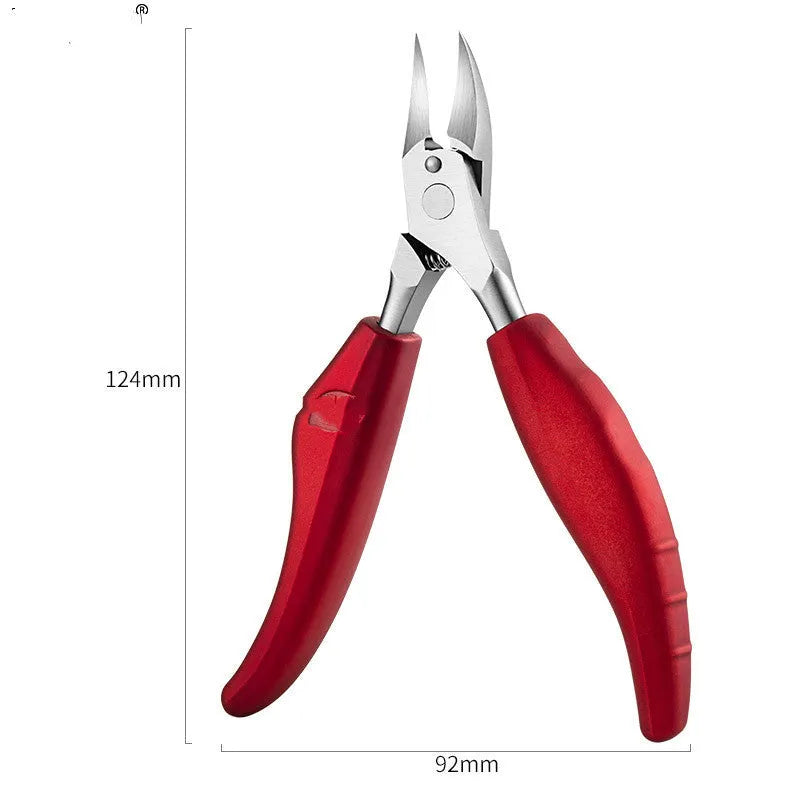 Stainless steel nail clippers with a blue ABS plastic handle and accompanying grooming tools on a white background.