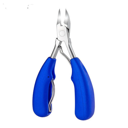 Stainless steel nail clippers with a blue ABS plastic handle and accompanying grooming tools on a white background.