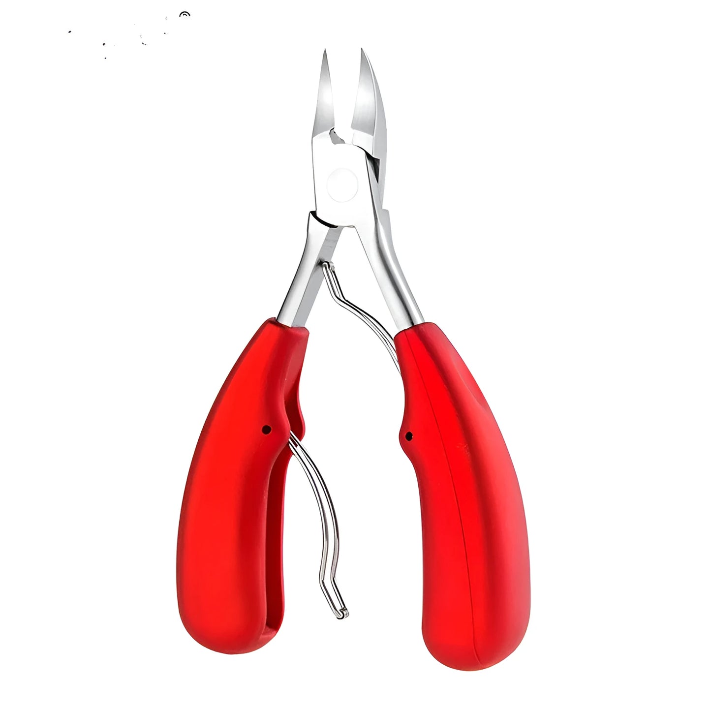 Stainless steel nail clippers with a blue ABS plastic handle and accompanying grooming tools on a white background.