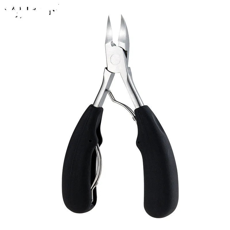 Stainless steel nail clippers with a blue ABS plastic handle and accompanying grooming tools on a white background.