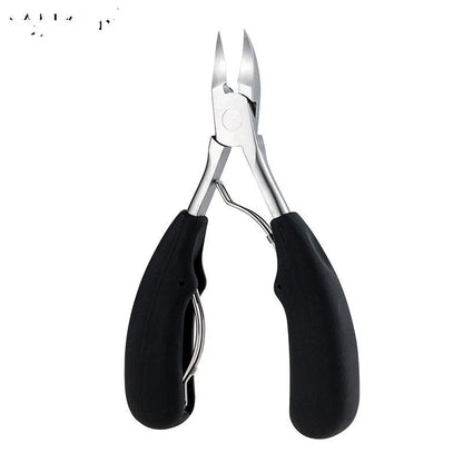 Stainless steel nail clippers with a blue ABS plastic handle and accompanying grooming tools on a white background.