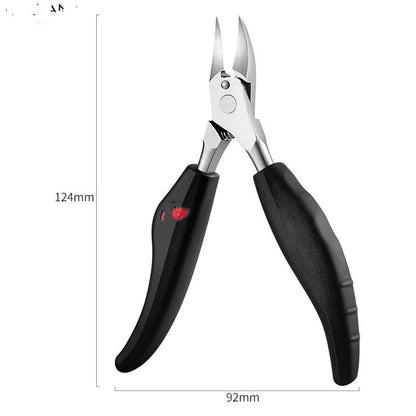Stainless steel nail clippers with a blue ABS plastic handle and accompanying grooming tools on a white background.