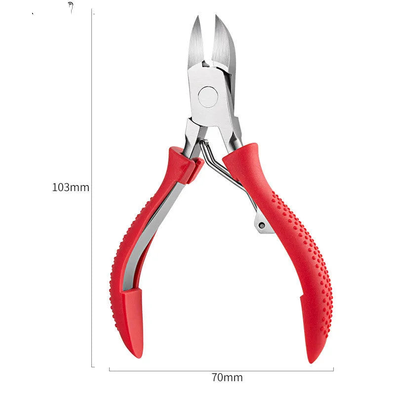 Stainless steel nail clippers with a blue ABS plastic handle and accompanying grooming tools on a white background.