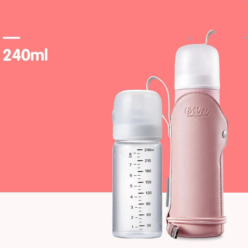 Glass baby bottle with wide opening showing 240ml measurement markings and straight-sided design