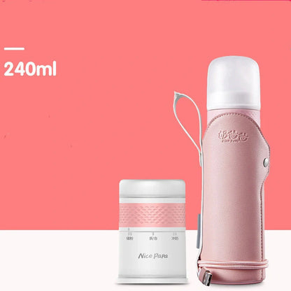 Glass baby bottle with wide opening showing 240ml measurement markings and straight-sided design