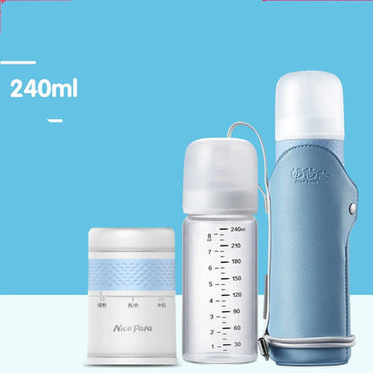 Glass baby bottle with wide opening showing 240ml measurement markings and straight-sided design