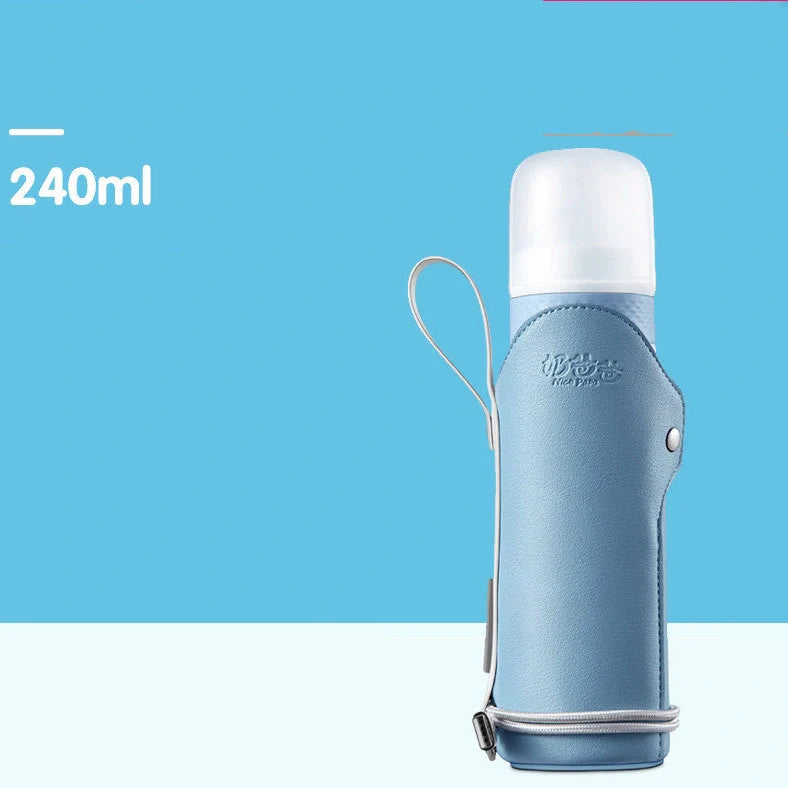 Glass baby bottle with wide opening showing 240ml measurement markings and straight-sided design