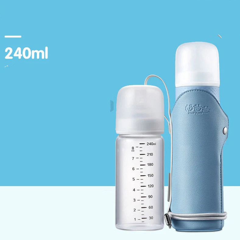 Glass baby bottle with wide opening showing 240ml measurement markings and straight-sided design