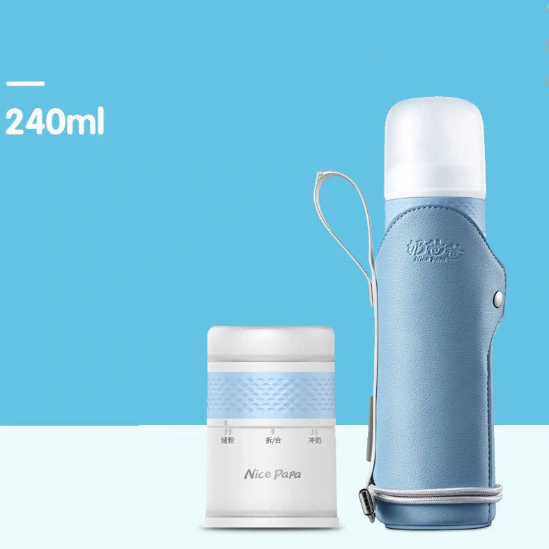 Glass baby bottle with wide opening showing 240ml measurement markings and straight-sided design