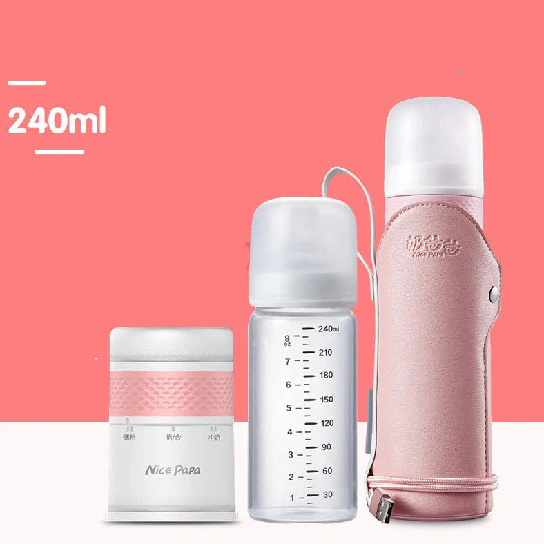 Glass baby bottle with wide opening showing 240ml measurement markings and straight-sided design