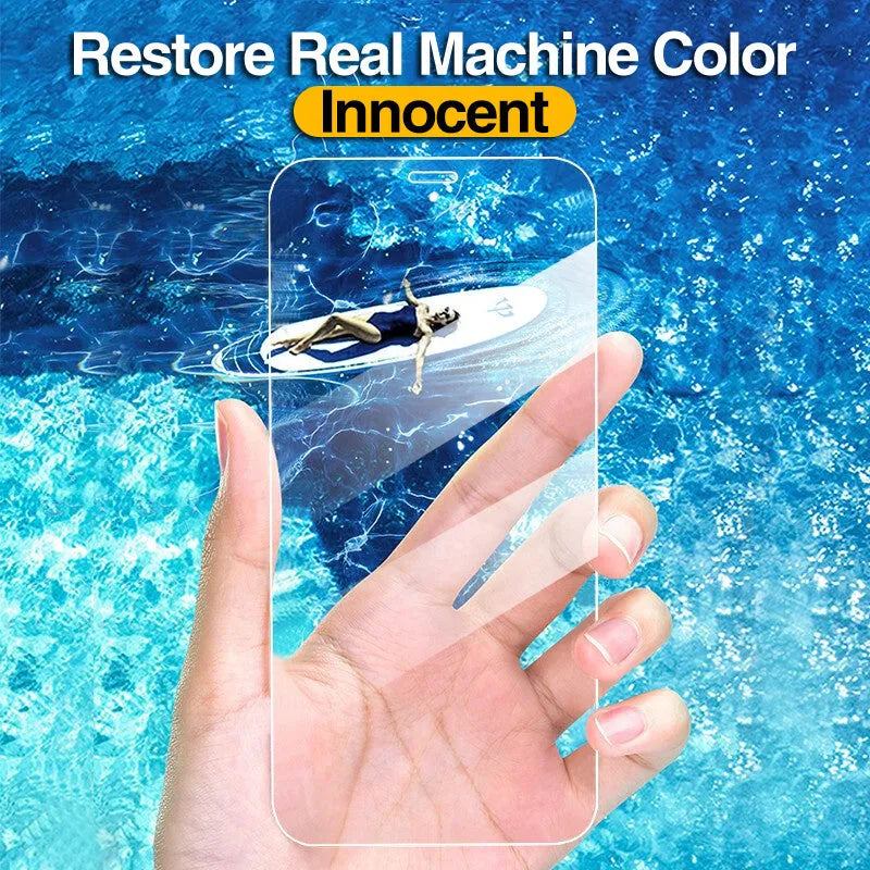 Four transparent tempered glass screen protectors for Apple iPhone models with anti-blue light feature