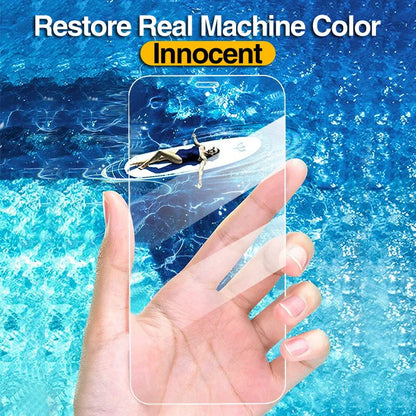 Four transparent tempered glass screen protectors for Apple iPhone models with anti-blue light feature
