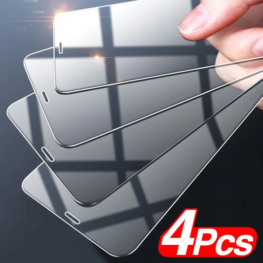Four transparent tempered glass screen protectors for Apple iPhone models with anti-blue light feature