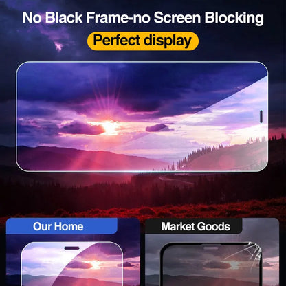 Four transparent tempered glass screen protectors for Apple iPhone models with anti-blue light feature