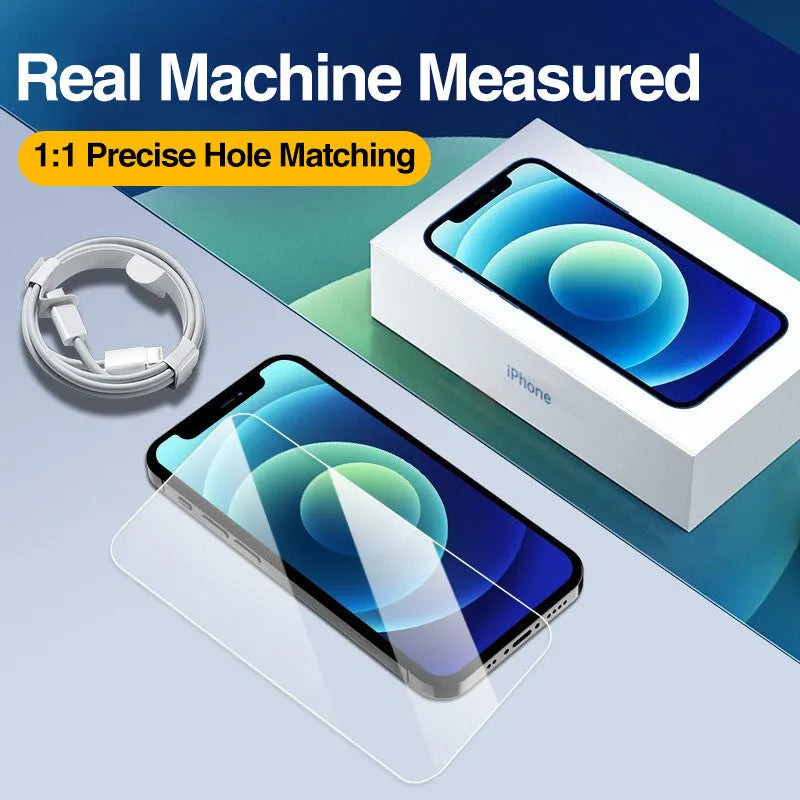 Four transparent tempered glass screen protectors for Apple iPhone models with anti-blue light feature