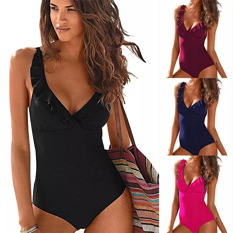 Women's V-neck ruffled one-piece swimsuit in quick-dry fabric, available in black, wine red, rose red, and navy blue.