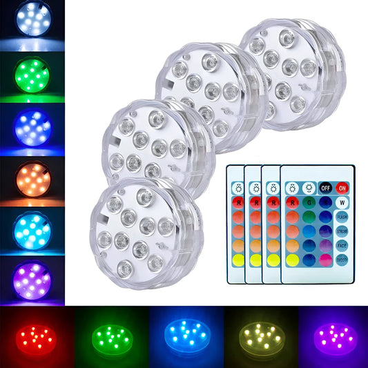 White waterproof remote control LED light with IP68 rating for pools and gardens.