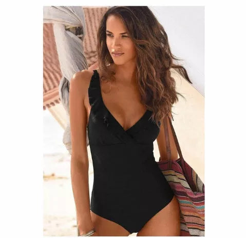 Women's V-neck ruffled one-piece swimsuit in quick-dry fabric, available in black, wine red, rose red, and navy blue.
